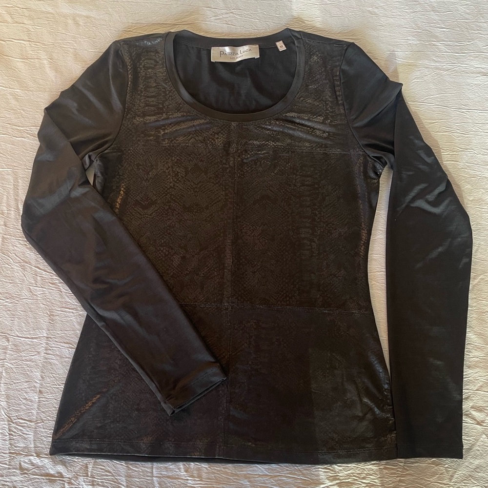 Patricia Luca Milano Black Top Women Sz M Faux Leather-look Front Long Sleeves
